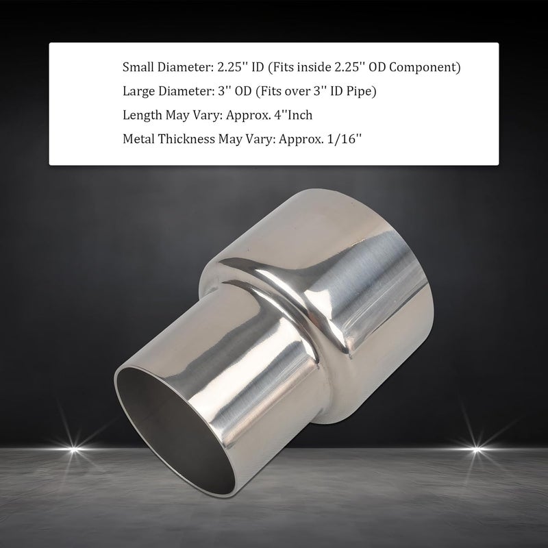 SSN Exhaust Pipe Reducer Component Adapter 2.25 Inch ID to 3.0 Inch OD Polished 304 Stainless Steel Universal ID 2.25" to OD 3.0" Exhaust Pipe Reducer Adapter 4 Inch Length-Pair - Image 3
